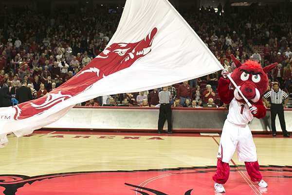 Arkansas mascot Big Red waves an Arkansas Razorback flag at center court during the pre-game of an NCAA college basketball game against Georgia on Saturday, March 1, 2014, in Fayetteville, Ark. Arkansas defeated 87-75. (AP Photo/Gareth Patterson)