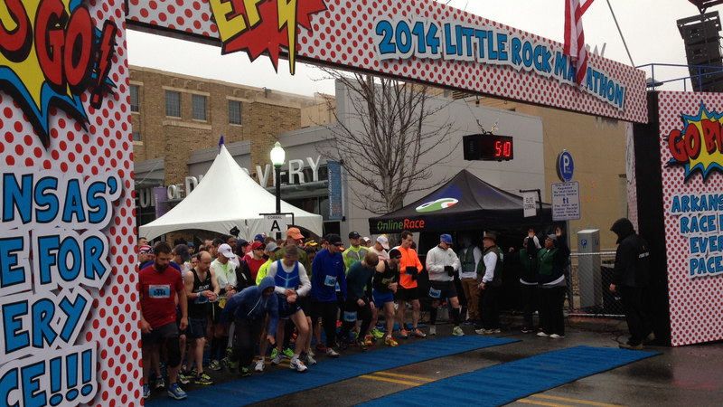 Runners get set to begin the 2014 Little Rock Marathon on Sunday morning.