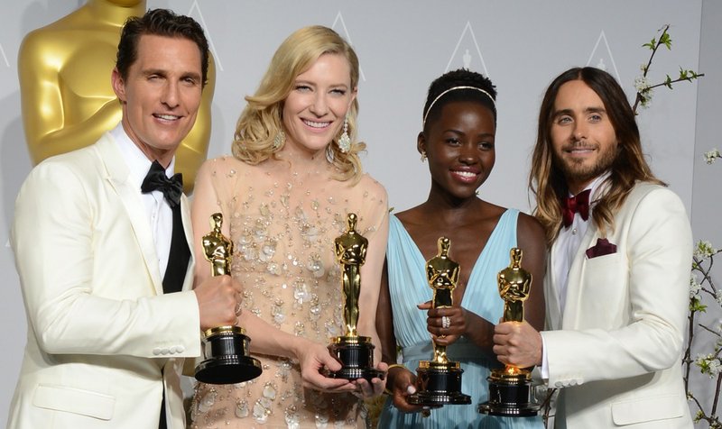 Matthew McConaughey, from left, holds his award for best actor for his role in "Dallas Buyers Club", Cate Blanchett holds her award for best actress in "Blue Jasmine", Lupita Nyong'o holds her award for best supporting actress for "12 Years a Slave"; and Jared Leto holds his award for best supporting actor in "Dallas Buyers Club"; in the press room during the Oscars at the Dolby Theatre on Sunday, March 2, 2014, in Los Angeles. 