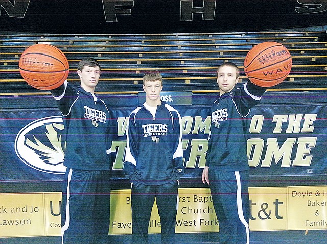 STAFF PHOTO PAUL BOYD 
Zach Hutchinson, from left, Dylan Clayton and Josh Bailey, West Fork seniors, have all made significant contributions this season to help the Tigers make their fourth consecutive state tournament appearance. However, Hutchinson was the only one who was even on the team a year ago.