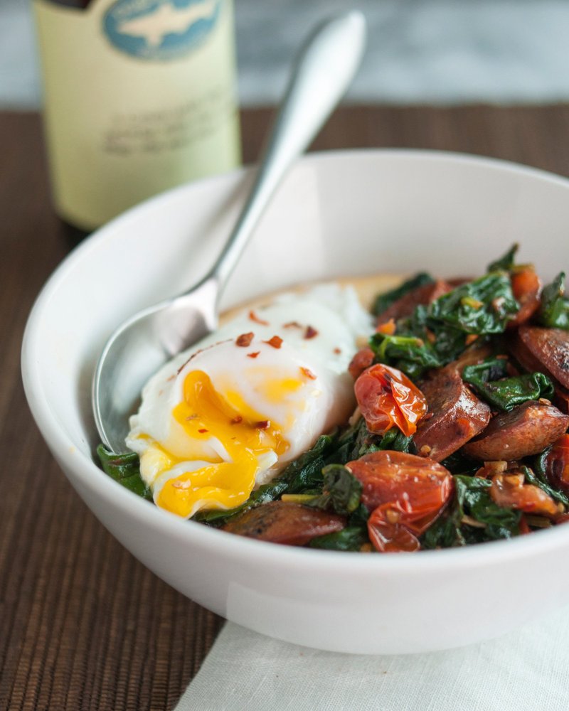 Polenta Bowl With Garlicky Spinach, Chicken Sausage and Poached Egg