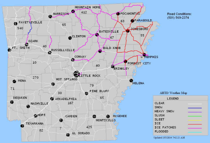 This Arkansas Highway and Transportation Department map shows ice patches (in pink) on north Arkansas highways and ice across northeast Arkansas (in red) at 7:45 a.m. Wednesday, March 5, 2014.