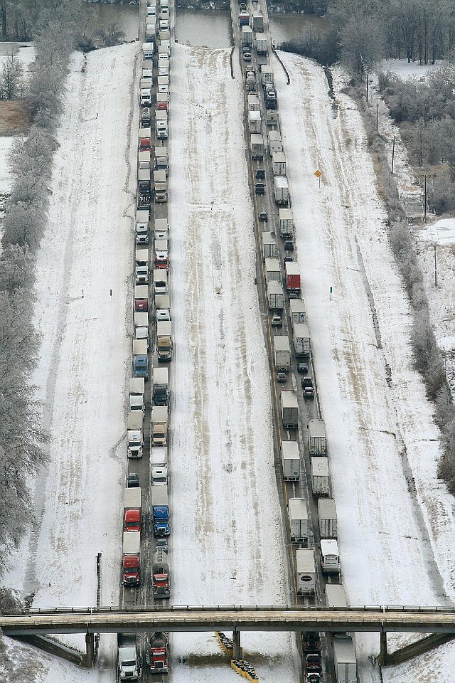 Stalled traffic fills Interstate 40 on Tuesday between Forrest City and West Memphis. A similar backup occurred on Interstate 55 southbound between Blytheville and Missouri. 