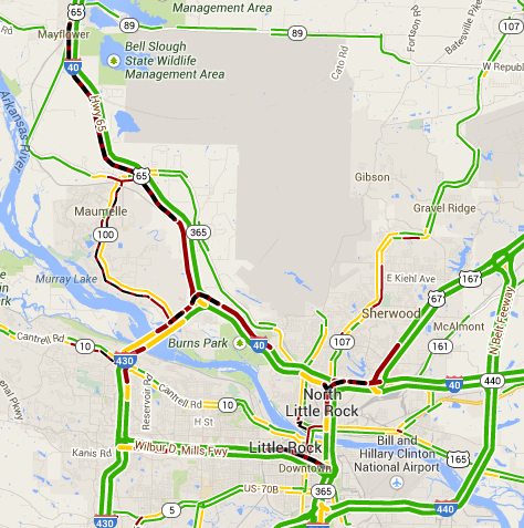 The Arkansas Online traffic map at 8:30 a.m. Friday, March 7, 2014, shows traffic heavily congested throughout central Arkansas.