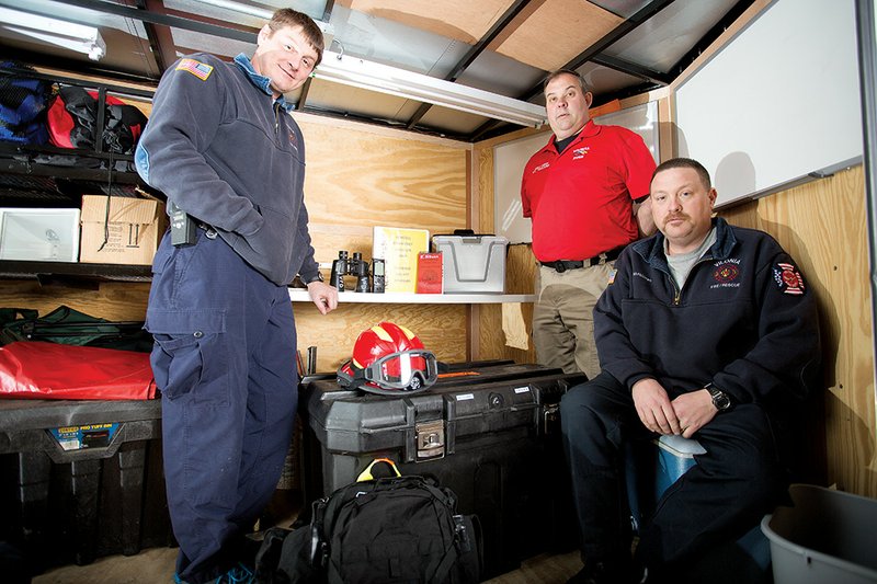 From the left, Lt. Jimmy Hoofman, Assistant Chief K.C. Williams and Chief Keith Hillman of the Vilonia Fire Department said the mobile-command unit for disasters is organized and ready to go for any situation, including a tornado, flood, earthquake or missing child.