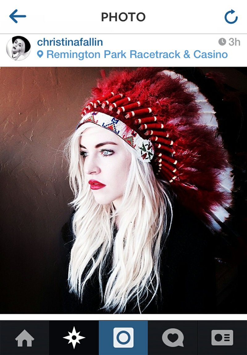 This photo posted to Christina Fallin's Instragram account shows Fallin, the daughter of Oklahoma Gov. Mary Fallin, wearing a Native American headdress. Christina Fallin is defending herself after she posted the photo on social media sites. In a statement to The Associated Press, she says that with age, she feels a “deeper and deeper connection to the Native American culture.”
