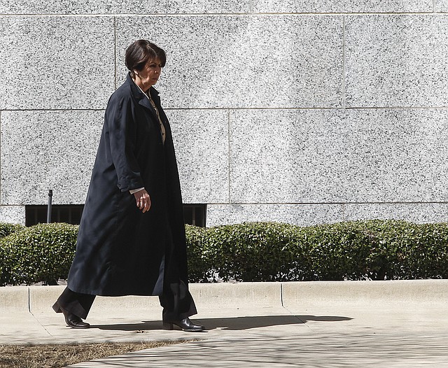  Former Arkansas Treasurer Martha Shoffner walks to the federal courthouse in Little Rock Monday during a break in her bribery trial.