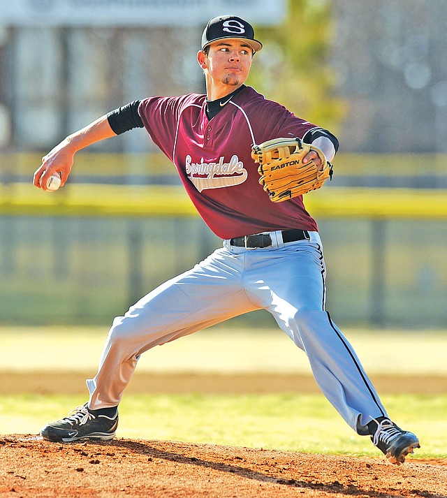 STAFF PHOTO ANDY SHUPE Matt Sherry, Springdale High starter, delivers a pitch Wednesday during the first inning against Prairie Grove at Bob Lyall Field in Springdale.