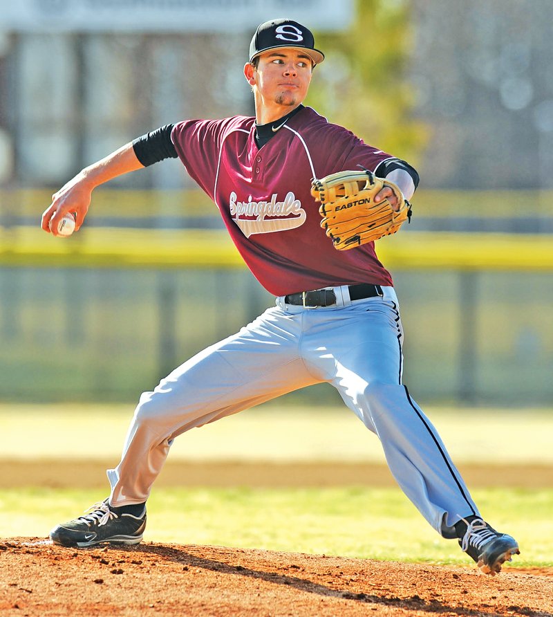 STAFF PHOTO ANDY SHUPE Matt Sherry, Springdale High starter, delivers a pitch Wednesday during the first inning against Prairie Grove at Bob Lyall Field in Springdale.