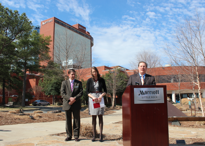 Little Rock Mayor Mark Stodola speaks Friday at a news conference on renovations at the downtown Little Rock Marriott.