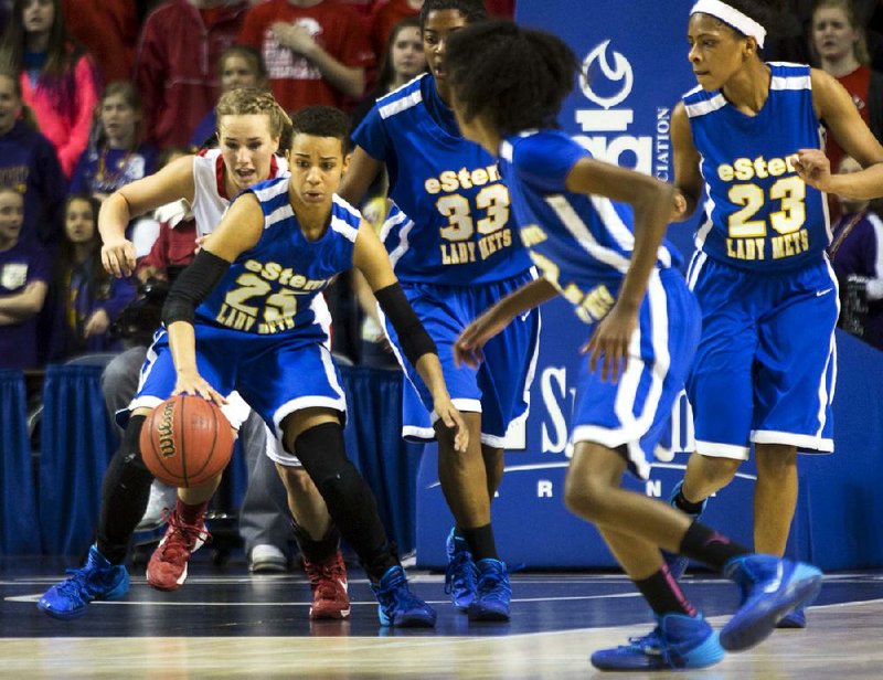 EStem’s Olivia McWilliams scored 21 points and pulled down 10 rebounds in Friday’s Class 3A girls state championship game at Summit Arena in Hot Springs. EStem defeated Harding Academy 47-38, and McWilliams was named the tournament MVP. 