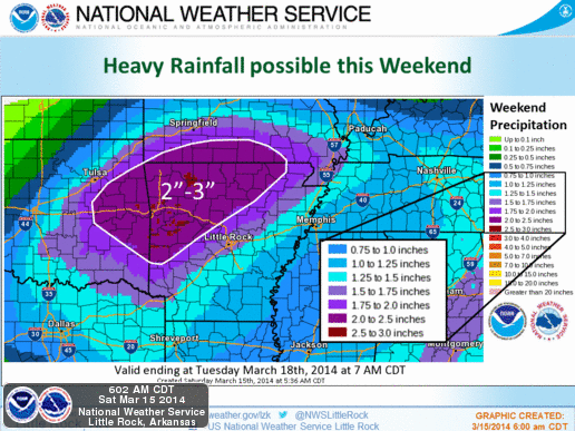 This National Weather Service graphic shows the rainfall forecast for Arkansas this weekend as of Saturday morning.