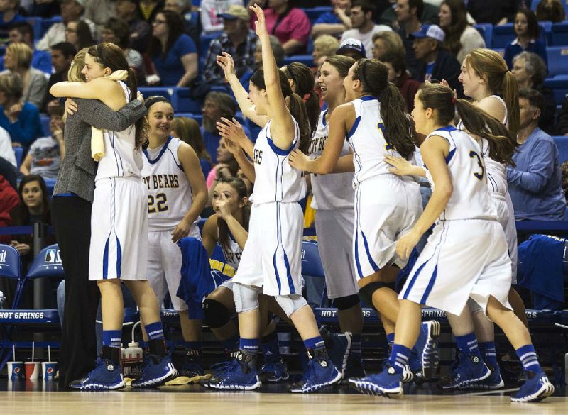 
ARKANSAS DEMOCRAT GAZETTE/MELISSA SUE GERRITS 03/14/2014 -Spring Hill celebrates their win against Mountainburg after their 2A championship game March 15, 2014 in Hot Springs. 