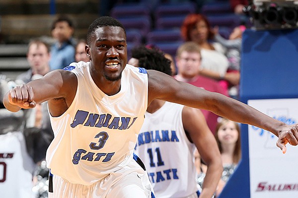 Indiana State guard/forward Manny Arop reacts as time expires during an MVC tournament game between Southern Illinois and Indiana State on Saturday, March 8, 2014, at the Scottrade Center in St. Louis. (AP Photo/St. Louis Post-Dispatch, Chris Lee)