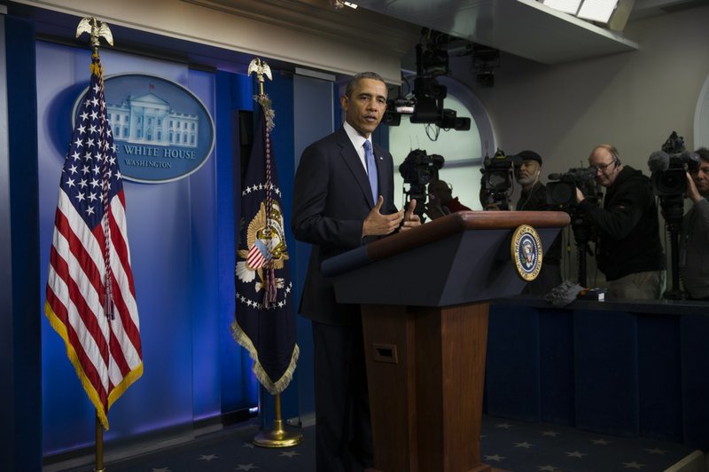 President Barack Obama delivers a statement on Ukraine from the White House on Monday, March 17, 2014, in Washington. The president imposed sanctions against Russian officials, including advisers to President Vladimir Putin, for their support of Crimea's vote to secede from Ukraine. 