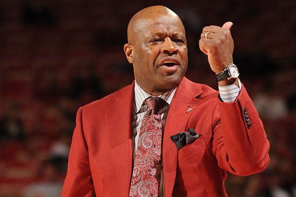 Arkansas coach Mike Anderson directs his team against Indiana State during the second half Tuesday, March 18, 2014, at Bud Walton Arena in Fayetteville.