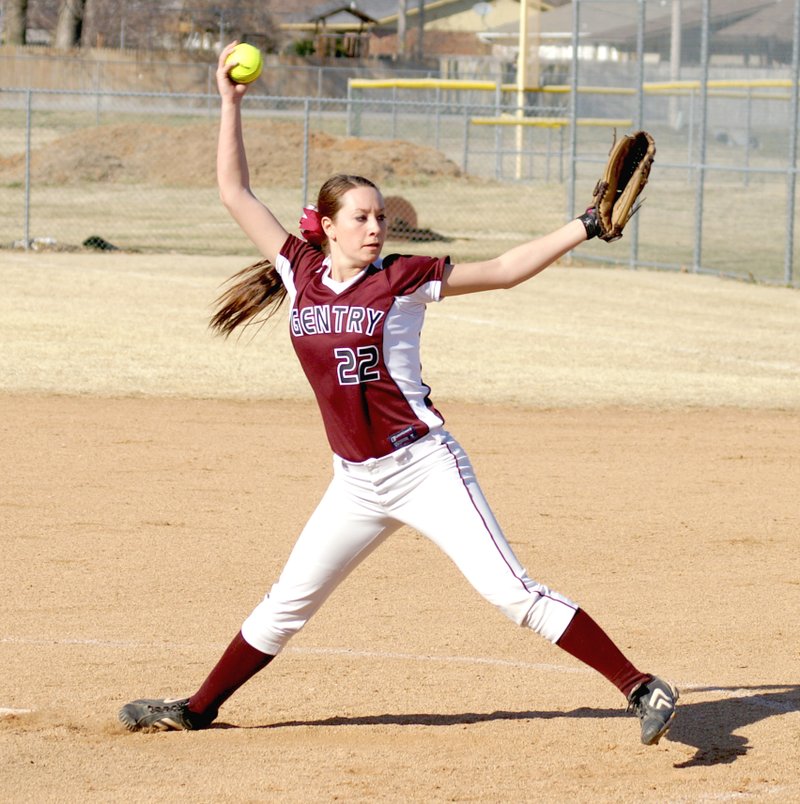 Photo by Randy Moll Jordan Olds, Gentry senior, pitched for the Lady Pioneers in play against Berryville on Thursday (March 13, 2014) at the Reynolds Memorial Complex in Gentry.