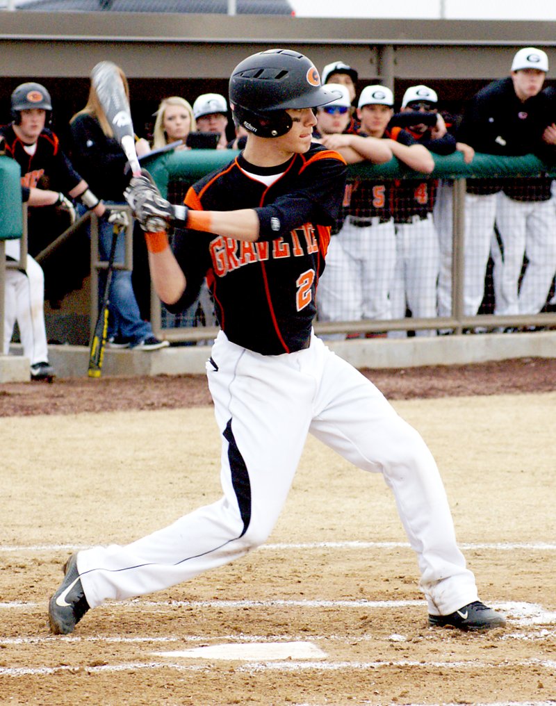 File Photo by Randy Moll Gravette&#8217;s Aaron Means prepares to take a cut at a pitch in a recent home game against Springdale.