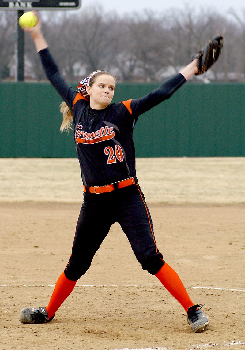 File Photo by Randy Moll Gravette pitcher Lindsee LaBrecque pitched for the Gravette girls throughout the series of games, pitching three times on Saturday.