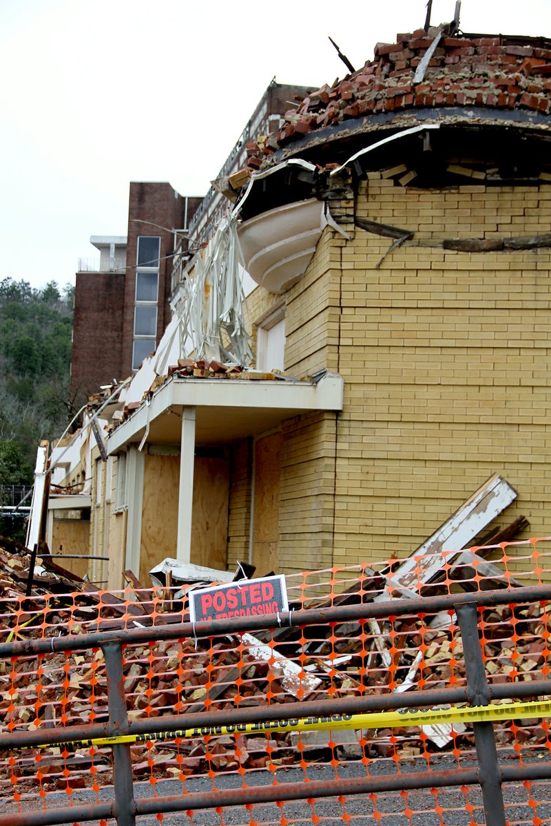 The remains of The Majestic Hotel Resort and Spa in Hot Springs is seen Sunday, March 16, 2014, almost two and a half weeks after a catastrophic blaze destroyed the oldest portion of the historic hotel. 