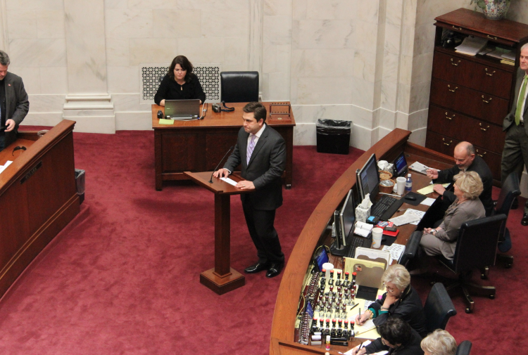 Sen. Jonathan Dismang, R-Searcy, offers to take questions before a veto override vote Wednesday in the state Senate.