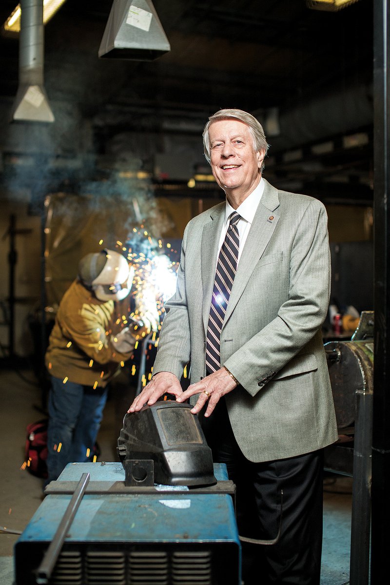 Don Harlan, who will retire as vice chancellor at Arkansas State University-Searcy in June, has held the position for 13 years. Harlan poses in the Welding Technology building at ASU-Searcy. While living in Conway, Harlan worked as a welder, making buses for the American Transportation Corp.