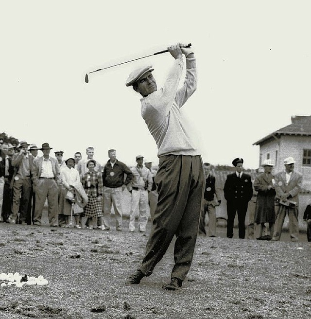 FILE-This June 17, 1955 file photo shows Jack Fleck, formerly of Davenport, Iowa, warming up before a playoff with Ben Hogan for the National Open title. The Olympic Club gained a reputation as the "graveyard of champions" for the major champions who finish second. And the 1955 U.S. Open is best known for how unheralded Fleck took down Ben Hogan in one of golf's great upsets. (AP Photo/File)