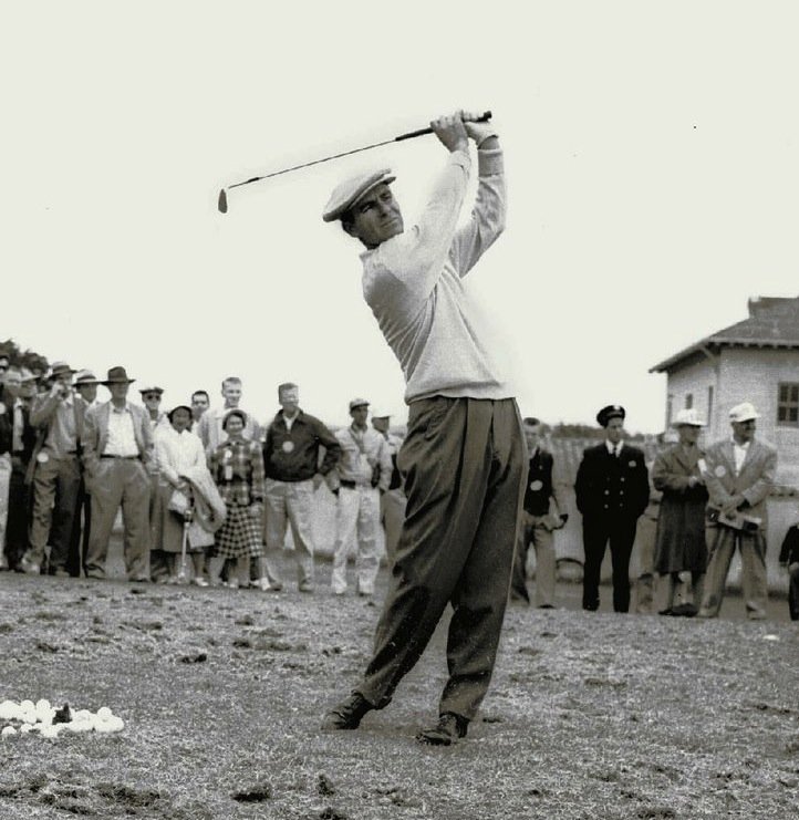 FILE-This June 17, 1955 file photo shows Jack Fleck, formerly of Davenport, Iowa, warming up before a playoff with Ben Hogan for the National Open title. The Olympic Club gained a reputation as the "graveyard of champions" for the major champions who finish second. And the 1955 U.S. Open is best known for how unheralded Fleck took down Ben Hogan in one of golf's great upsets. (AP Photo/File)