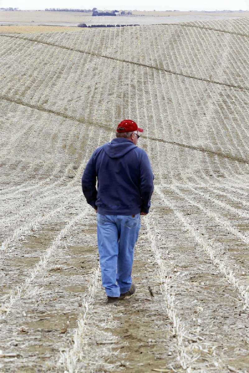 Tom Rutjens walks across a field he owns in Tilden, Neb. Despite organized opposition to the Keystone XL oil pipeline in Nebraska, Rutjens is one of many landowners along the pipeline route who have signed agreements to let developer TransCanada run the line through their property. 