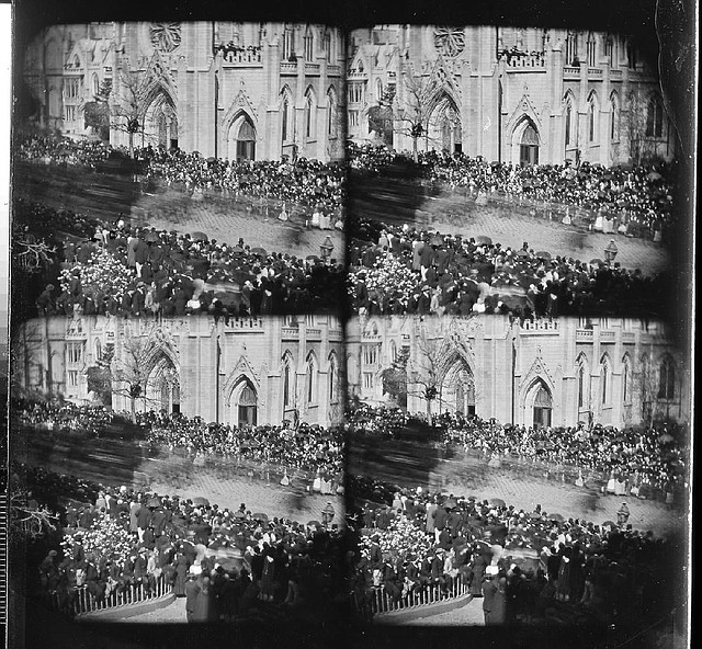 The smudgy black streak in this four-image picture, according to retired government accountant Paul Taylor, is a horse-drawn hearse carrying the body of Abraham Lincoln past a reverent crowd outside Grace Episcopal Church in New York on April 25, 1865, 11 days after Lincoln’s assassination in Washington. 
