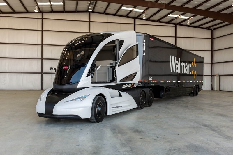 Special to the Democrat-Gazette &#8212; Walmart Advanced Vehicle Experience, known as WAVE, is a truck prototype debuted earlier this year by Walmart Transportation. A convex nose to the truck allows the driver to sit in the center of the truck and also provides more aerodynamic operation, the company said.