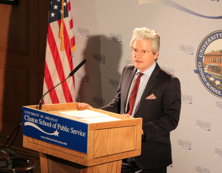 David Brock speaks Tuesday at the Clinton School of Public Service.