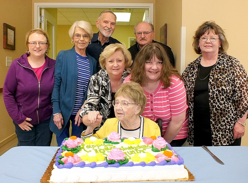 TIMES photograph by Annette Beard Joining Virginia A. Leach Kelly Wylie to celebrate her 103rd birthday Friday were, back from left: Jack Kelly and Bob Mader; and front, from left: Bethany Mader, Barbara Kelly, Joyce Mader, Leah Fagundes and Linda Fagundes.