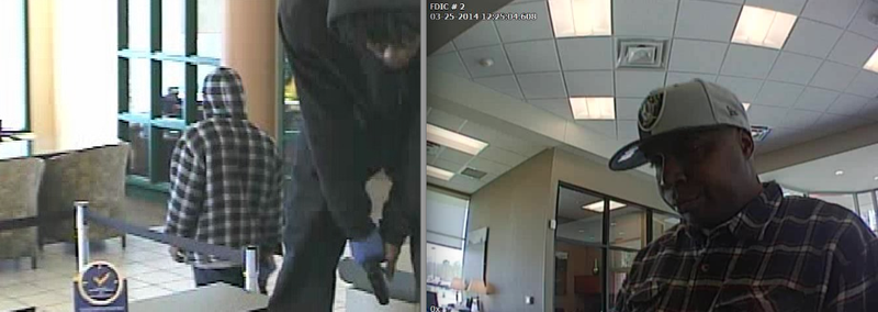 Surveillance released by the Little Rock Police Department shows a purported robbery at a U.S. Bank on the left and a purported robbery at a First Security Bank on the right.