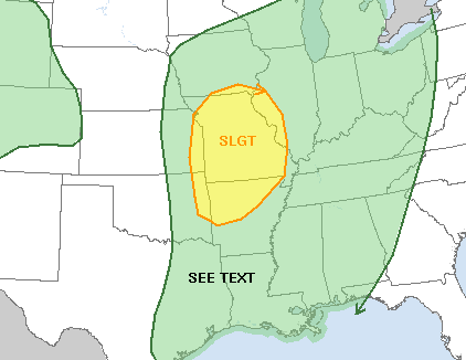 This screenshot from the Storm Prediction Center shows parts of northern and western Arkansas are under a slight risk for severe weather Thursday. 