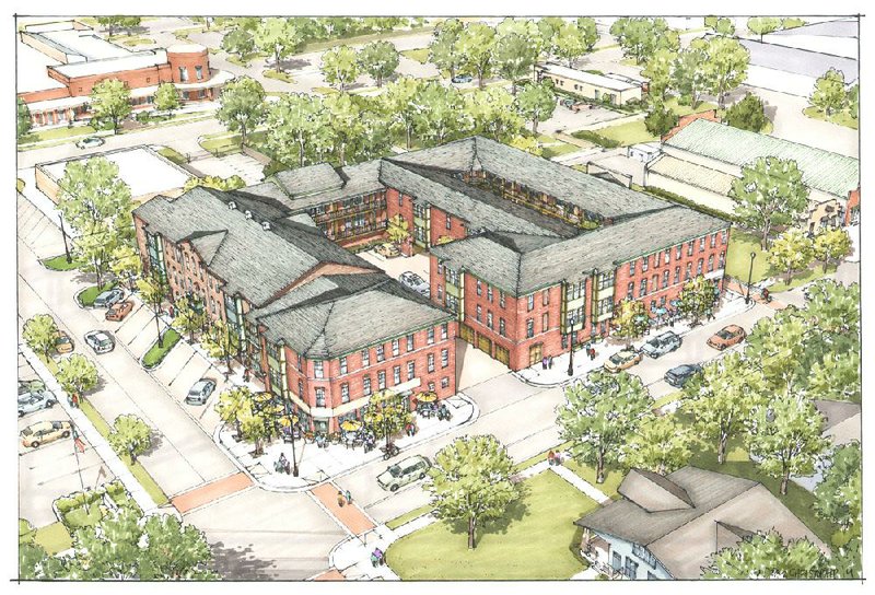 Special to the Arkansas Democrat Gazette- 03/27/2014 - Artist rendering of a 44,000 square foot mixed-use project will break ground in downtown Bentonville next week. The development includes more than 42,000 square feet of residential units and retail/restaurant space. 