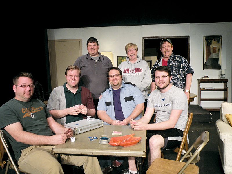 The Odd Couple, by Neil Simon, will open Friday at the Rialto Theatre in Morrilton. Appearing in the Rialto Players’ production of the comedy are, seated, from left, Jason Newman as Roy, director Shane Atkinson as Vinnie, Jim Bowles as Murray and Garrett Lenzen as Speed; and standing, Grant Douglas as Felix Unger, Karen Caig as Gwendolyn Pigeon and Rich Minick as Oscar Madison. Not shown is Ruth Minick, who plays Cecily Pigeon. 