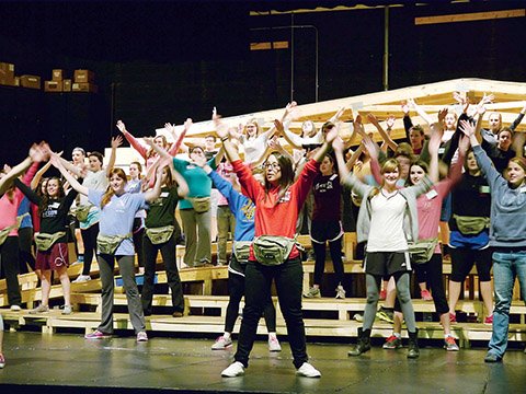 Members of Delta Gamma Rho, Omega Phi and Zeta Pi Zeta rehearse for their performance in the 2014 Spring Sing production, which features the theme New! The event will be held on the Harding University campus April 17-19.