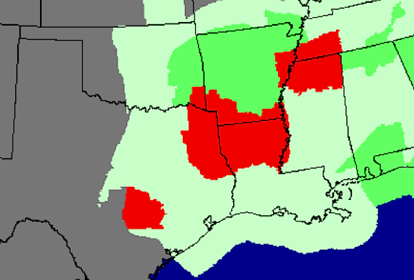 This Wunderground.com map shows Friday's 4 p.m. forecast for the state. Areas in red are at most risk for severe thunderstorms, which may include large hail, damaging winds and an isolated tornado or two. Areas in green will likely experience heavy rain, but some storms with hail and damaging winds are possible in these areas as well.