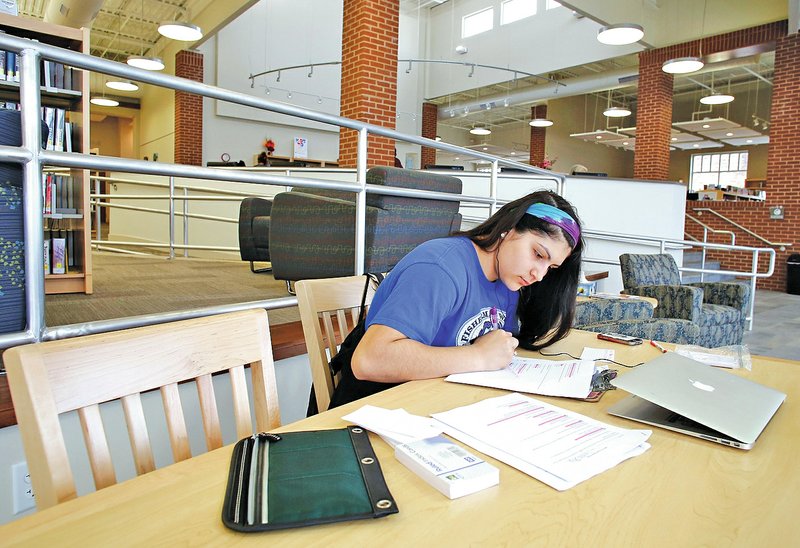 STAFF PHOTO DAVID GOTTSCHALK Cynthia Ortiz, 15, studies food science from her Lincoln High School class Thursday at the Lincoln Public Library.