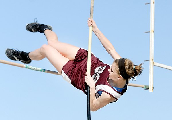Samantha Baker/NWA Media
Taylor Gay of Siloam Springs competes in the pole vault March 20 at the Tiger Relays in Bentonville.