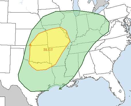 This graphic from the Storm Prediction Center shows a slight risk for severe weather for the northwestern half of Arkansas through Wednesday night.