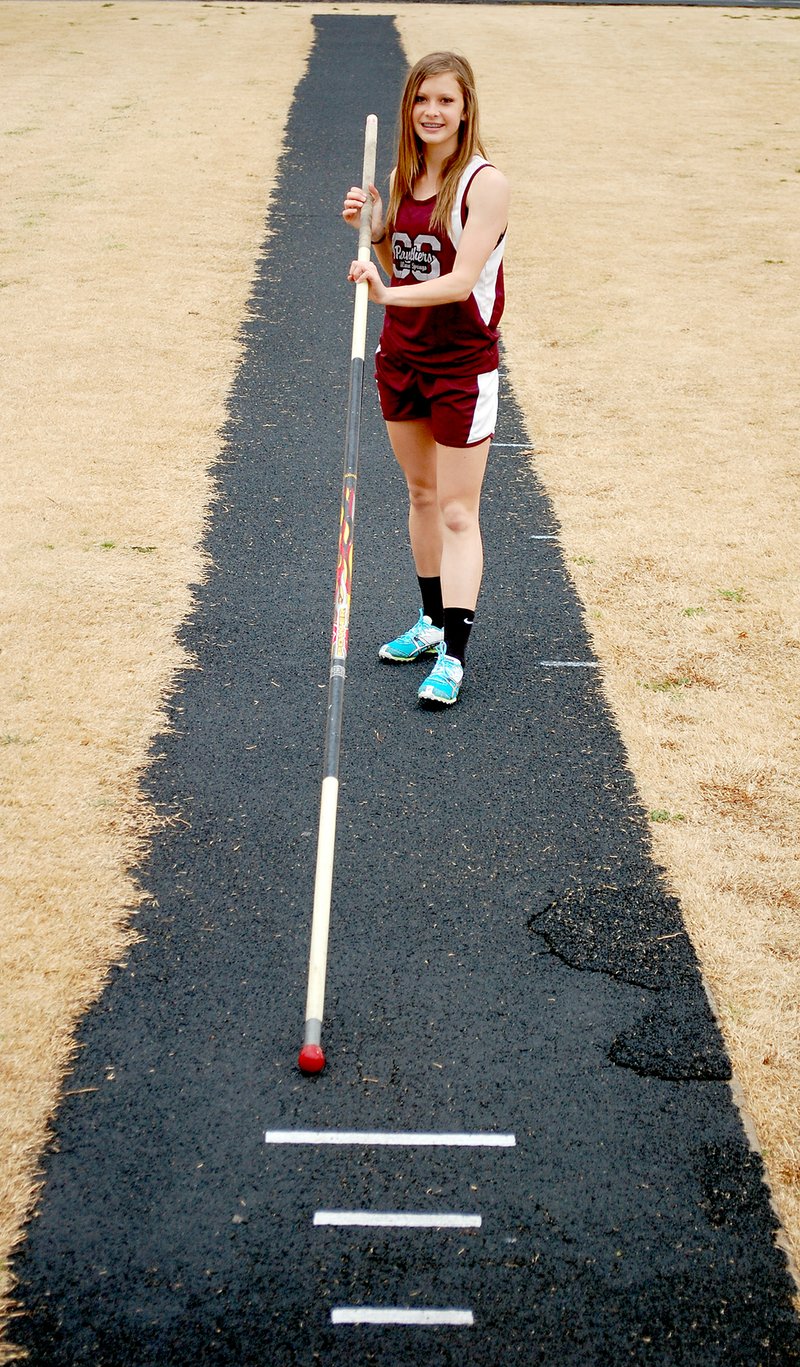 Graham Thomas/Herald-Leader Siloam Springs junior pole vaulter Taylor Gay has a goal of a 12-foot vault by the time her high school career is over. Gay cleared her personal best of 9 feet, 6 inches as a sophomore and has only cleared 8 feet in two meets so far this season this season