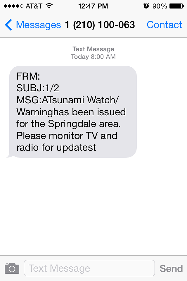 A warning erroneously sent by Springdale's emergency notification system.