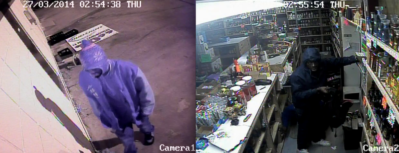 Police in Pine Bluff say these surveillance images from Brown Bag Liquor show two burglars who cut a hole in the roof and then made off with liquor and cigarettes.