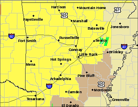 The counties in yellow are under a tornado watch as of 2:30 p.m. Thursday in this graphic from the National Weather Service.