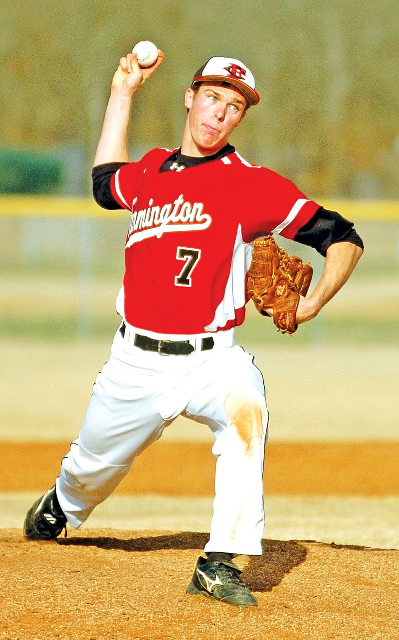 STAFF PHOTO RANDY MOLL Adam Ness, Farmington senior pitcher, delivers a pitch against Gentry in a recent game. Ness, who verbally committed to Arkansas-Little Rock on Thursday, leads the Cardinals in most hitting categories this season.