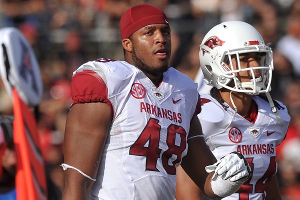 University of Arkansas defensive end Deatrich Wise Jr watches from the sidelines during the Razorbacks game against the Rutgers Scarlet Knights at High Point Solutions Stadium in Piscataway , N.J.