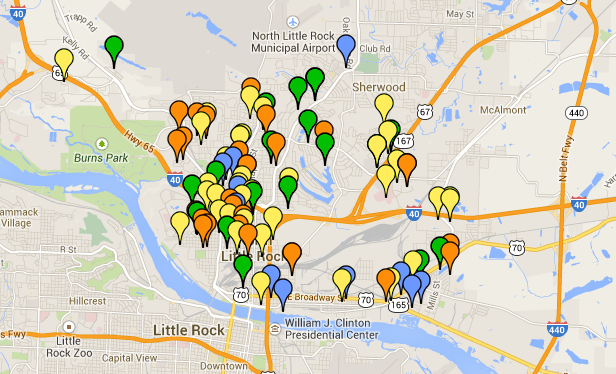 This screenshot from the Right2Know North Little Rock crime map shows the locations of various crimes reported between March 31 and Sunday night.