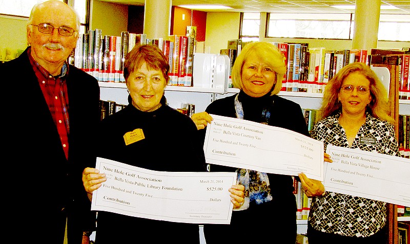 Submitted Three nonprofits receive gifts from the Bella Vista Men's Nine-hole Golf Association on March 21. From left are Dan Burmester, association president; Mary McKee, president of the Bella Vista Public Library Foundation; Becky Fox, president of the Bella Vista Courtesy Van; and Shannon Bryant, executive director of Village House Adult Day Program.